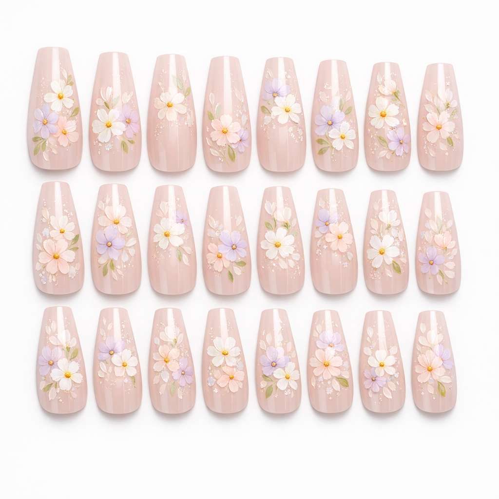 Floral Hand-Painted Press-On Nails – Coffin